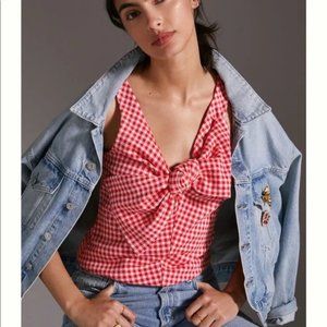 Like NEW! Eva Franco for Anthropologie red gingham stretch bow blouse, size XL